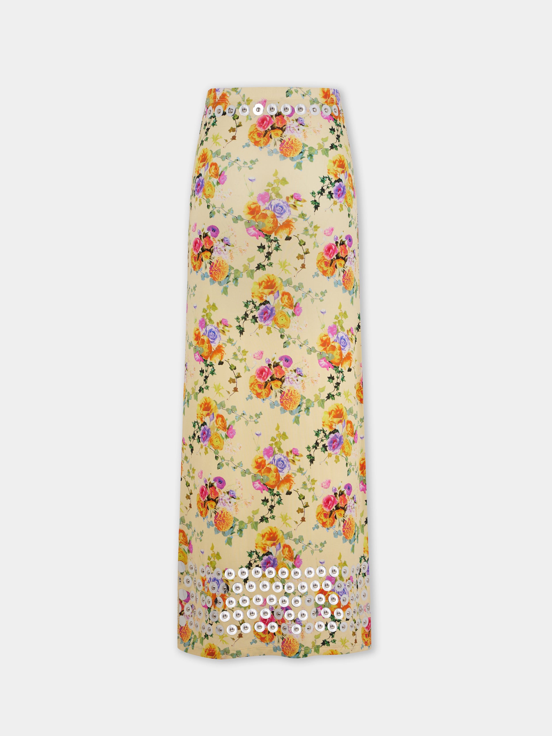 FLORAL LONG EMBELLISHED SKIRT IN SECOND SKIN JERSEY