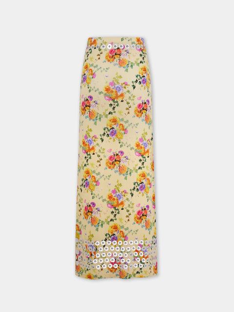 FLORAL LONG EMBELLISHED SKIRT IN SECOND SKIN JERSEY