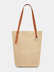 Beige raffia tote bag with logo