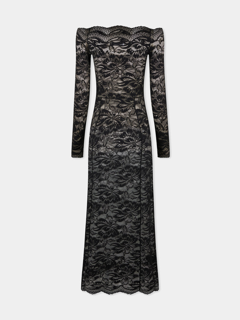 Long Black lace dress with bardot collar