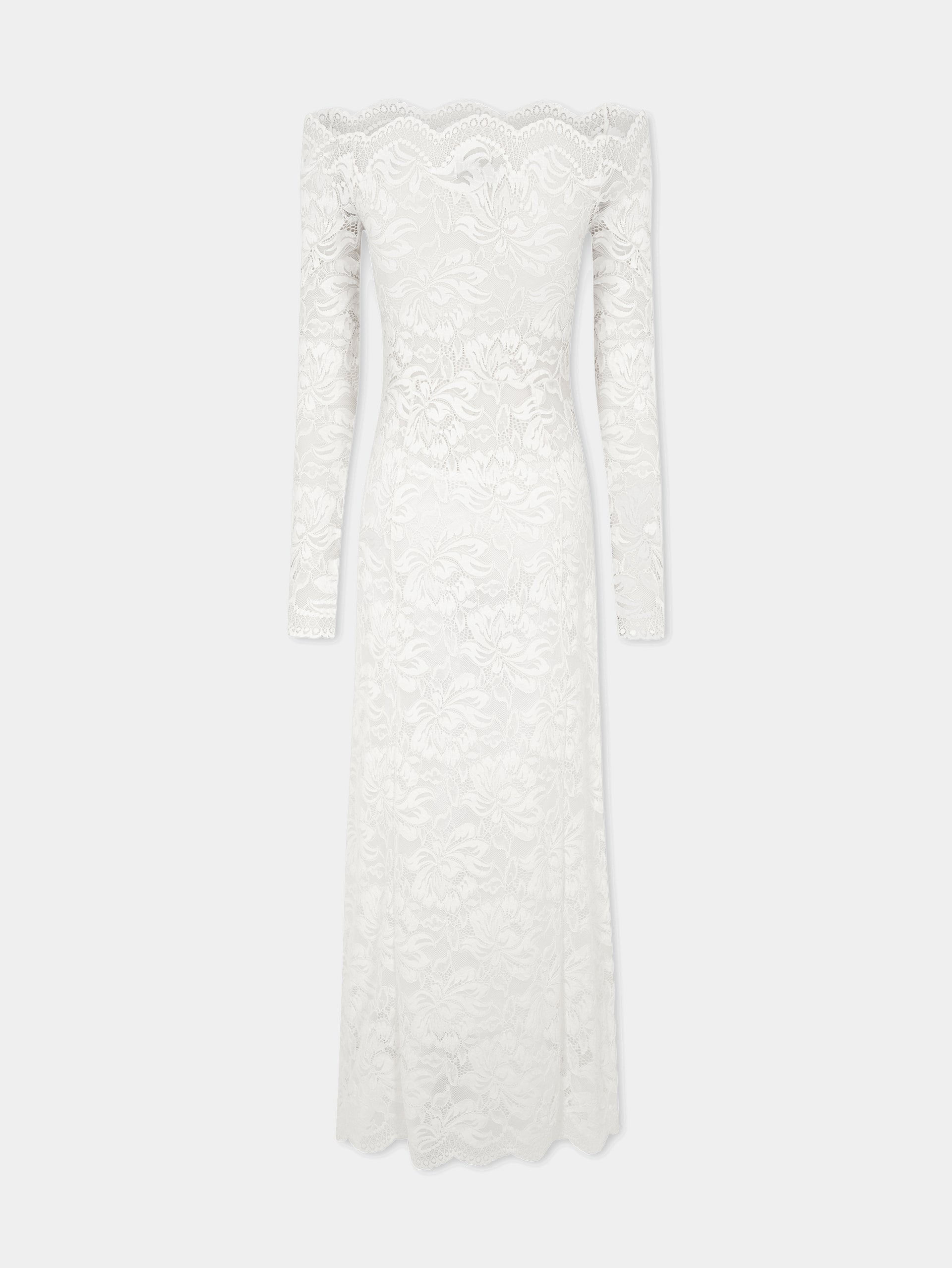 long Ivory lace dress with bardot collar