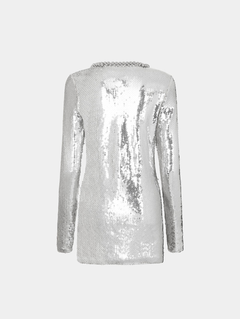 Mini silver sequins dress with round neckline