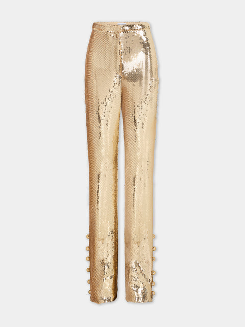 Gold sequins trousers with metallic pearled detail