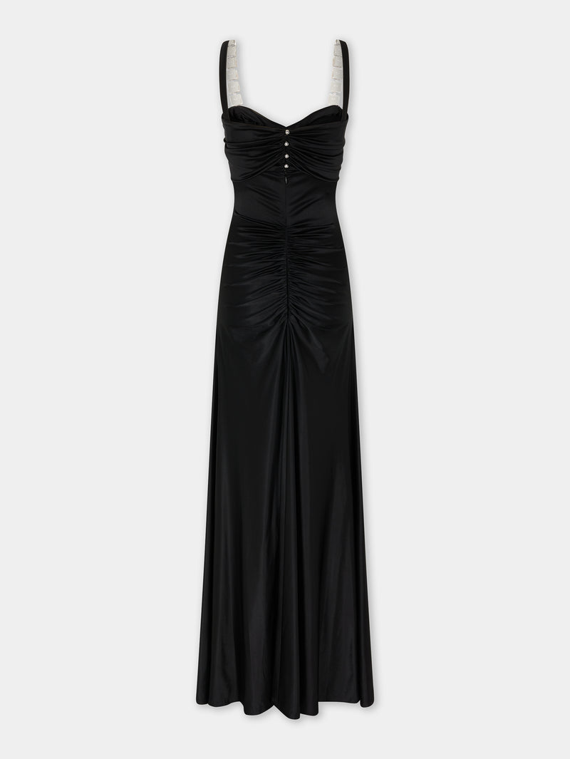 Black draped maxi dress with mirror-effect embellishments