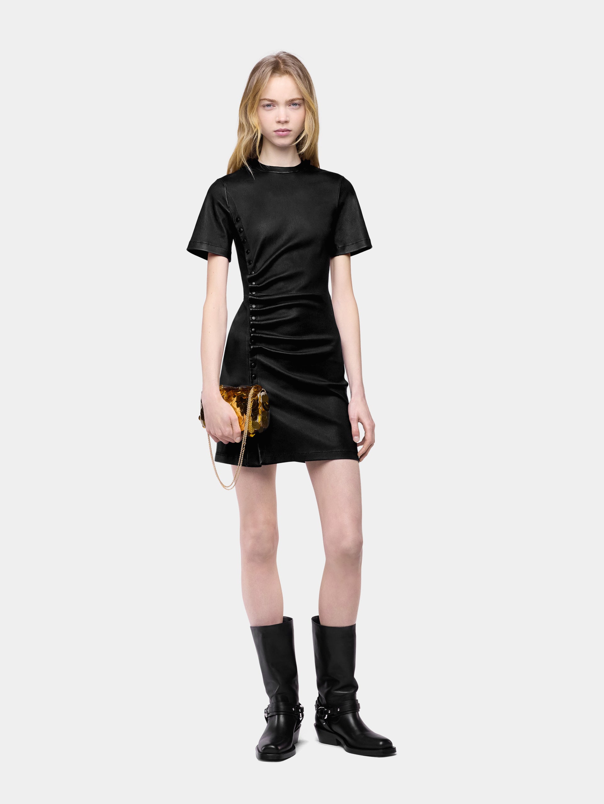 Robe courte drapée pression en cuir