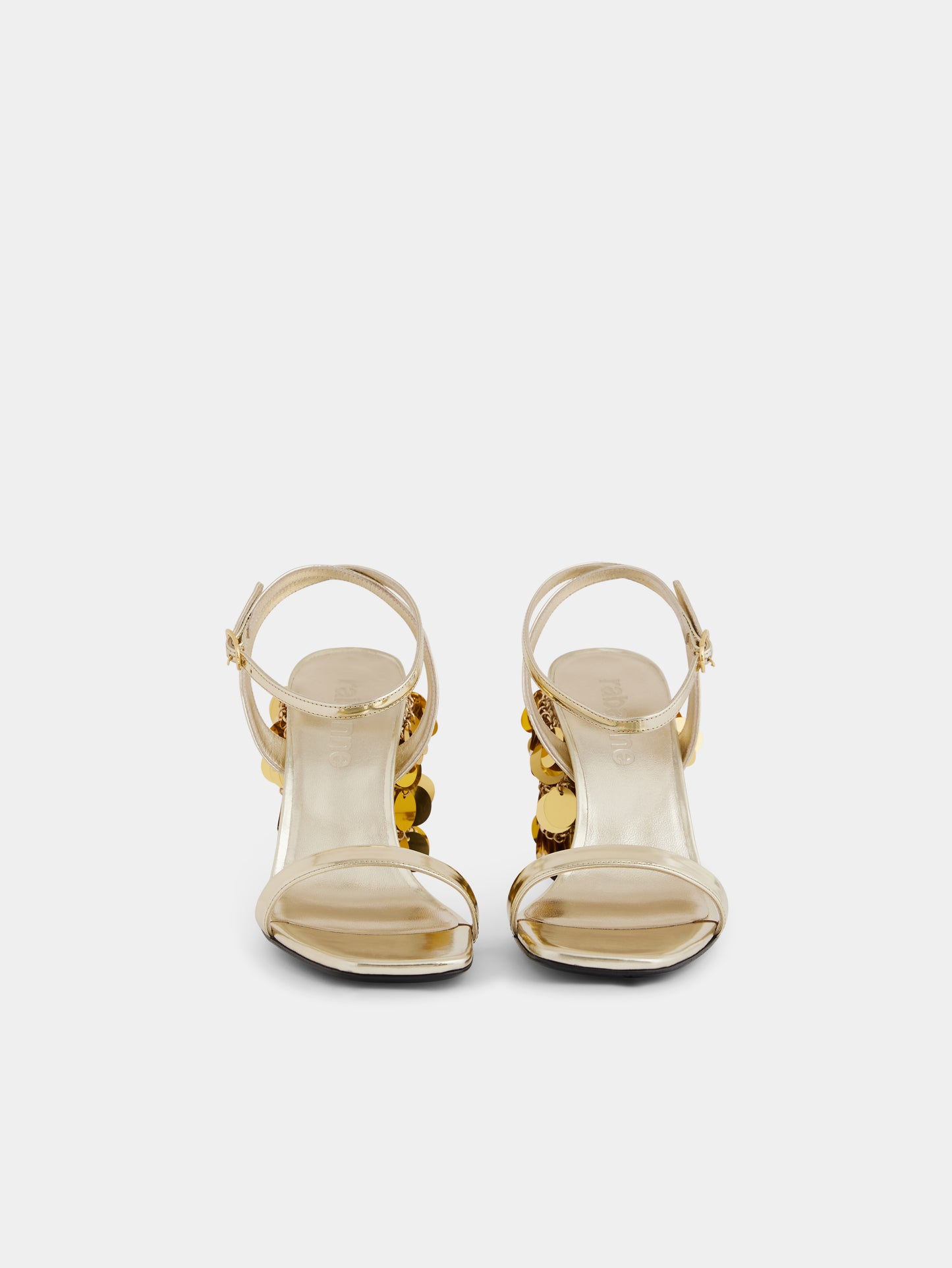 Gold sandals with sparkle discs heels