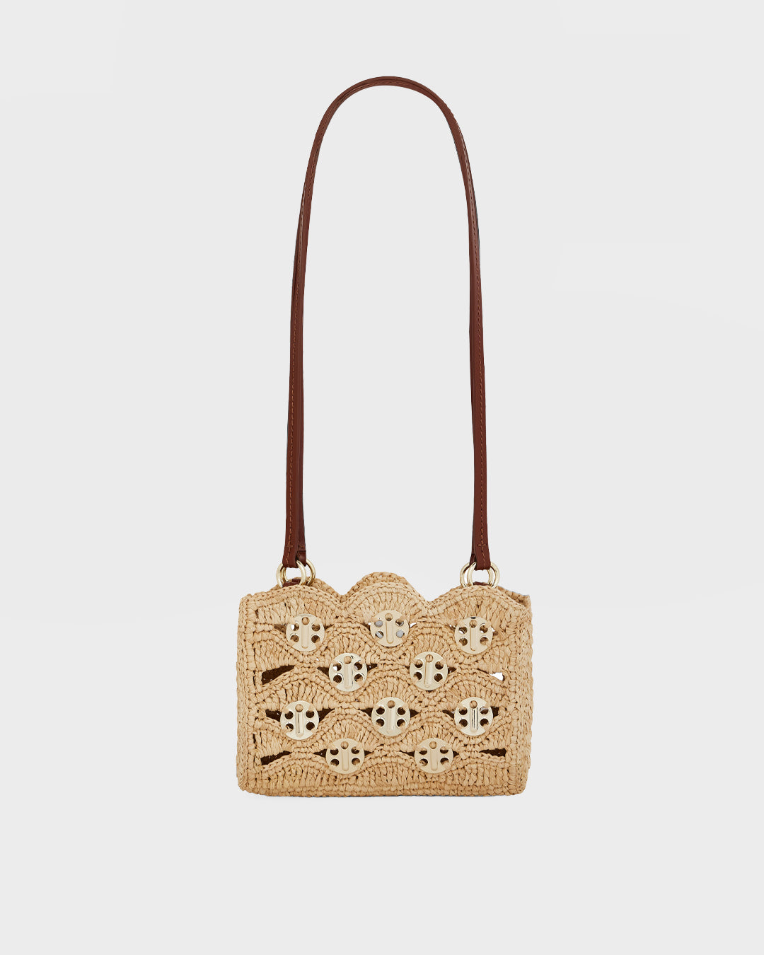 Sac Nano 1969 en raphia naturel, orné de pastilles signature 1969 en métal doré clair