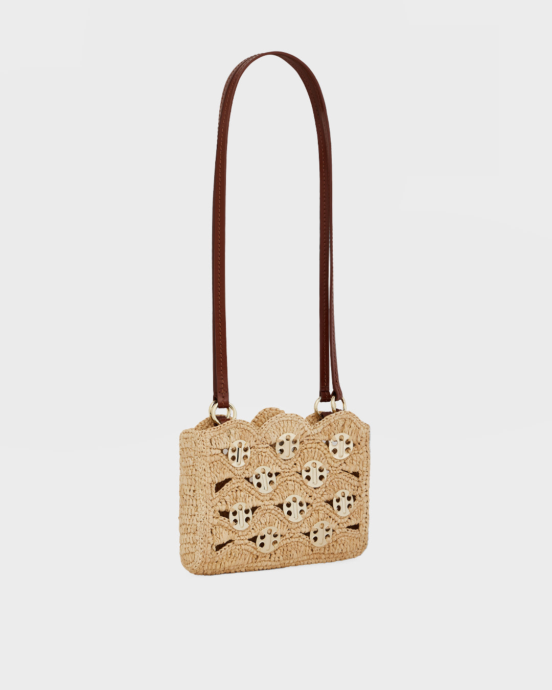 Sac Nano 1969 en raphia naturel, orné de pastilles signature 1969 en métal doré clair
