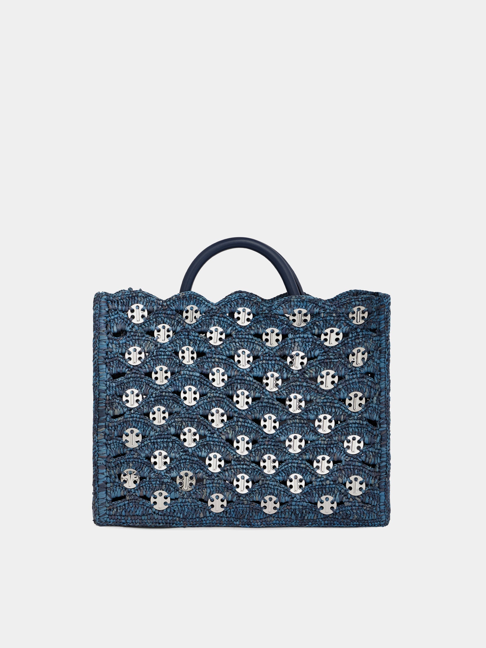 Denim blue tote bag in raffia position 1 - Image 1