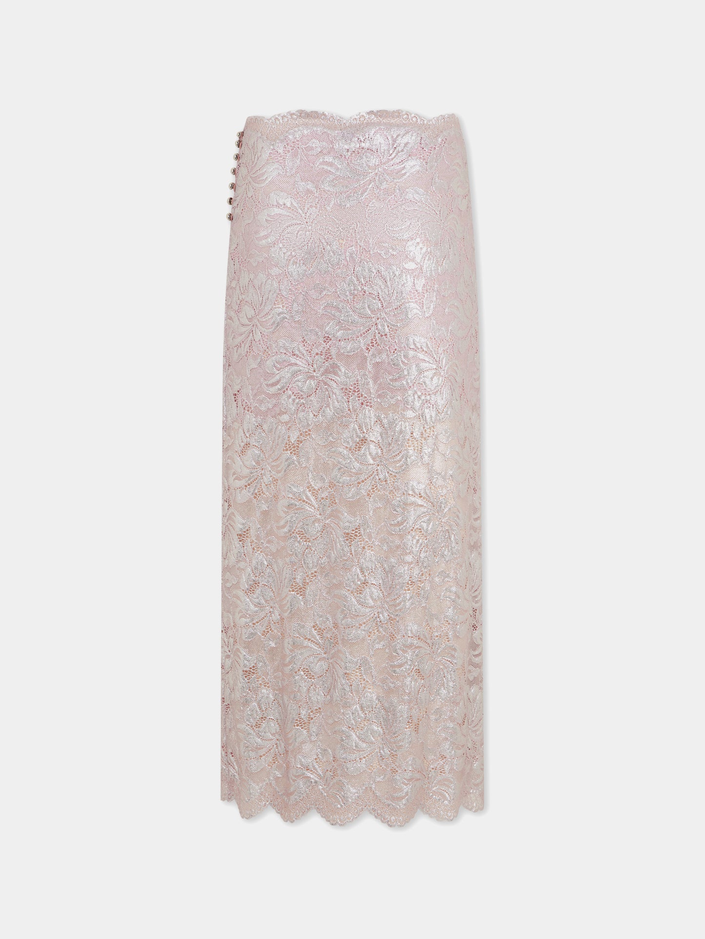 LIGHT PINK LONG SKIRT IN LACE WITH SILVER INDUCTION position 1