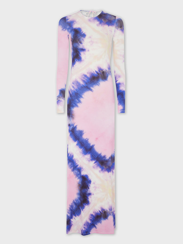 PINK TIE-DYE LONG BACKLESS DRESS IN PRINTED JERSEY