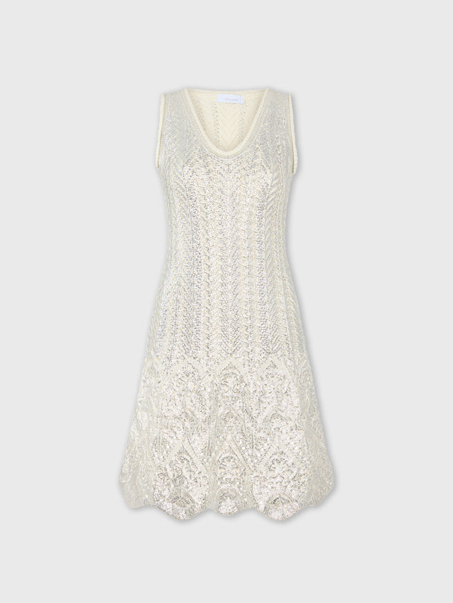 ECRU SHORT DRESS IN COTTON KNIT WITH SILVER INDUCTION