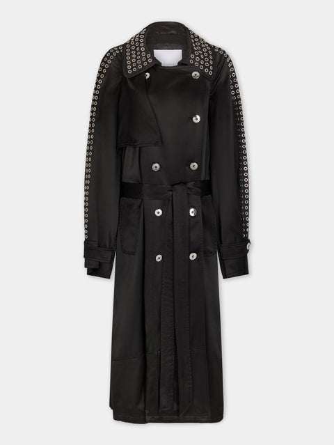 BLACK LONG TRENCH COAT IN SATIN