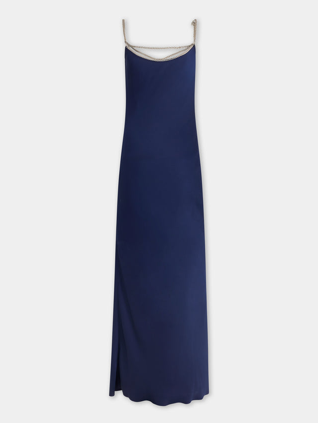 BLUE NAVY LONG SLEEVELESS DRESS IN SATIN