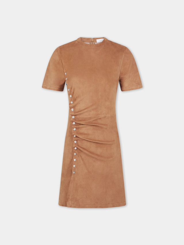 CAMEL SHORT DRAPED DRESS IN LEATHER