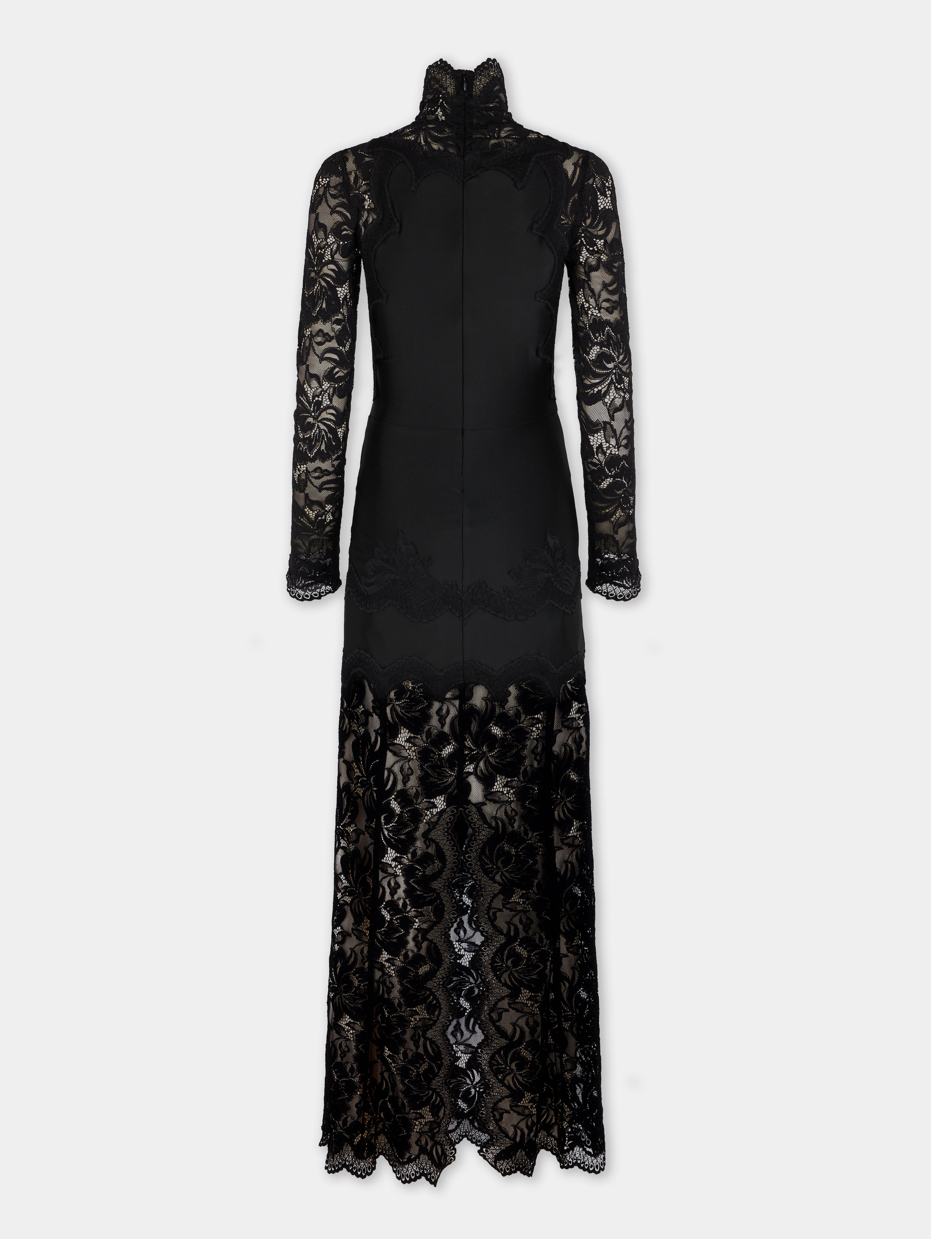 BLACK LONG DRESS IN LACE AND JERSEY | Rabanne