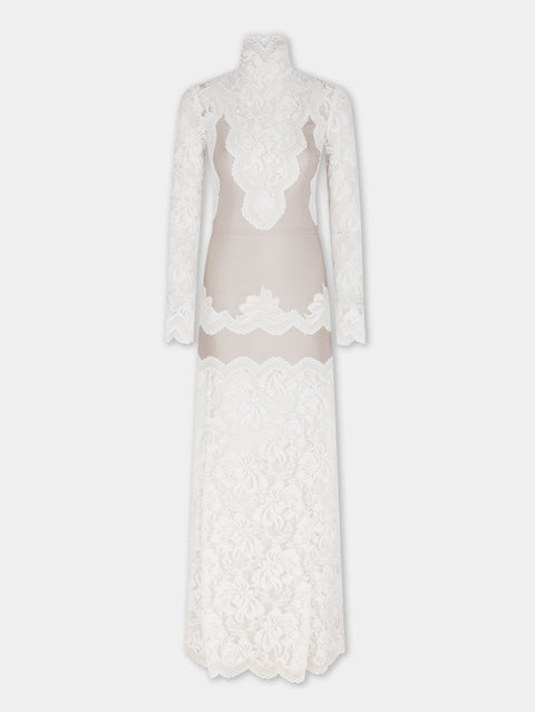 IVORY LONG DRESS IN LACE AND JERSEY