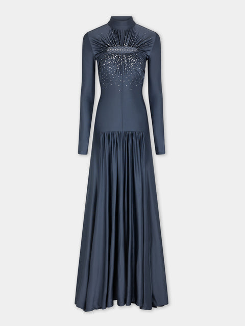 LONG SLATE EMBROIDERED DRESS IN JERSEY