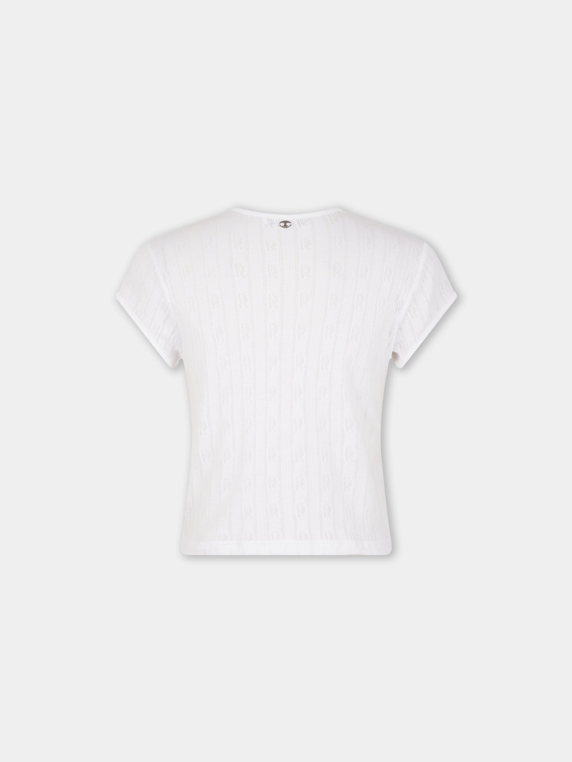 WHITE CROP TEE-SHIRT IN JERSEY POINTELLE