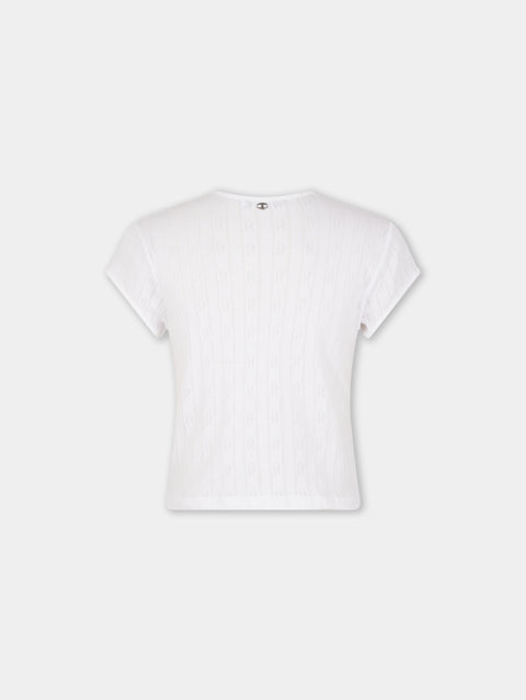 WHITE CROP TEE-SHIRT IN JERSEY POINTELLE