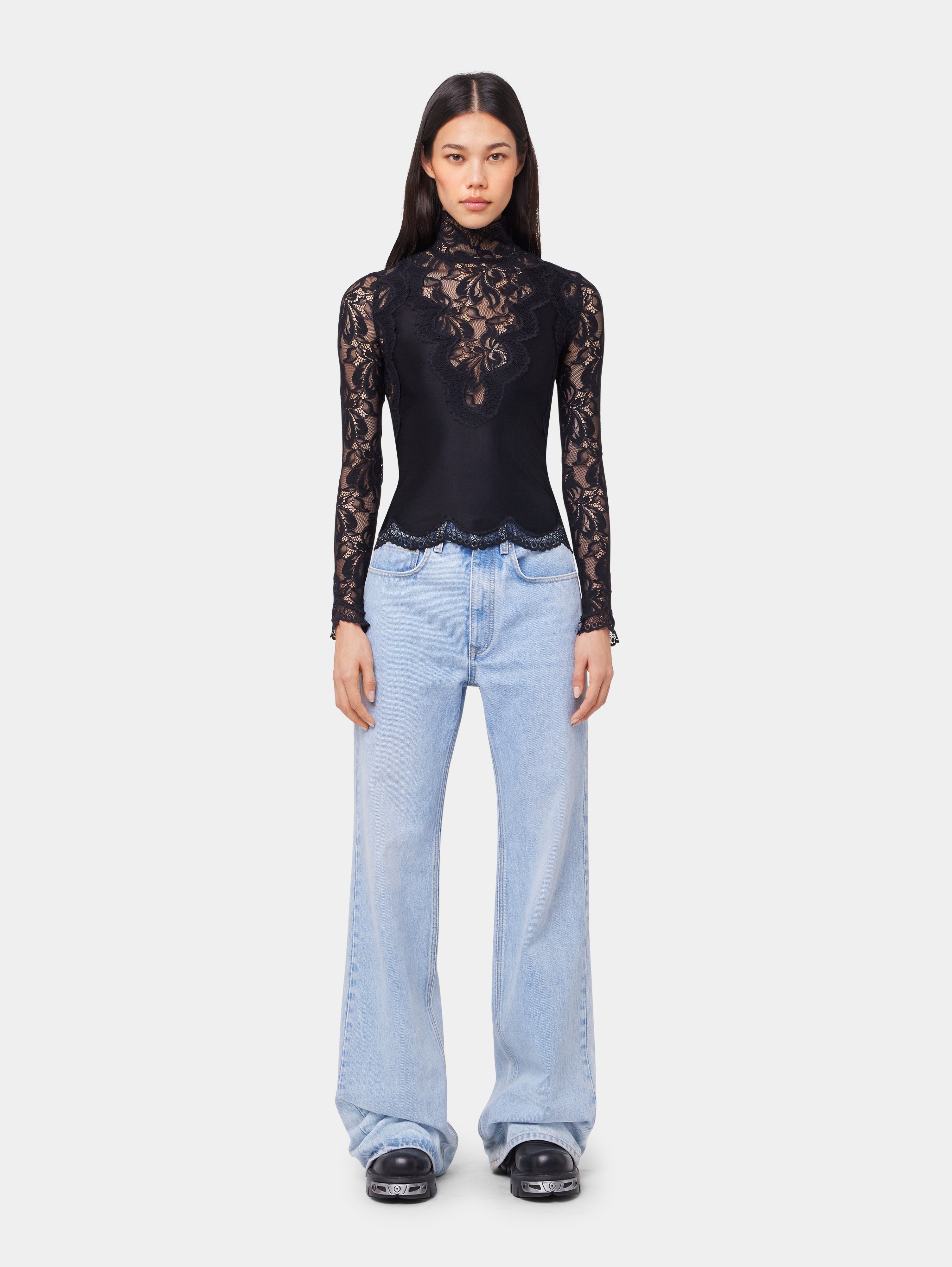 Black long sleeve top in lace and jersey | Rabanne EN-US