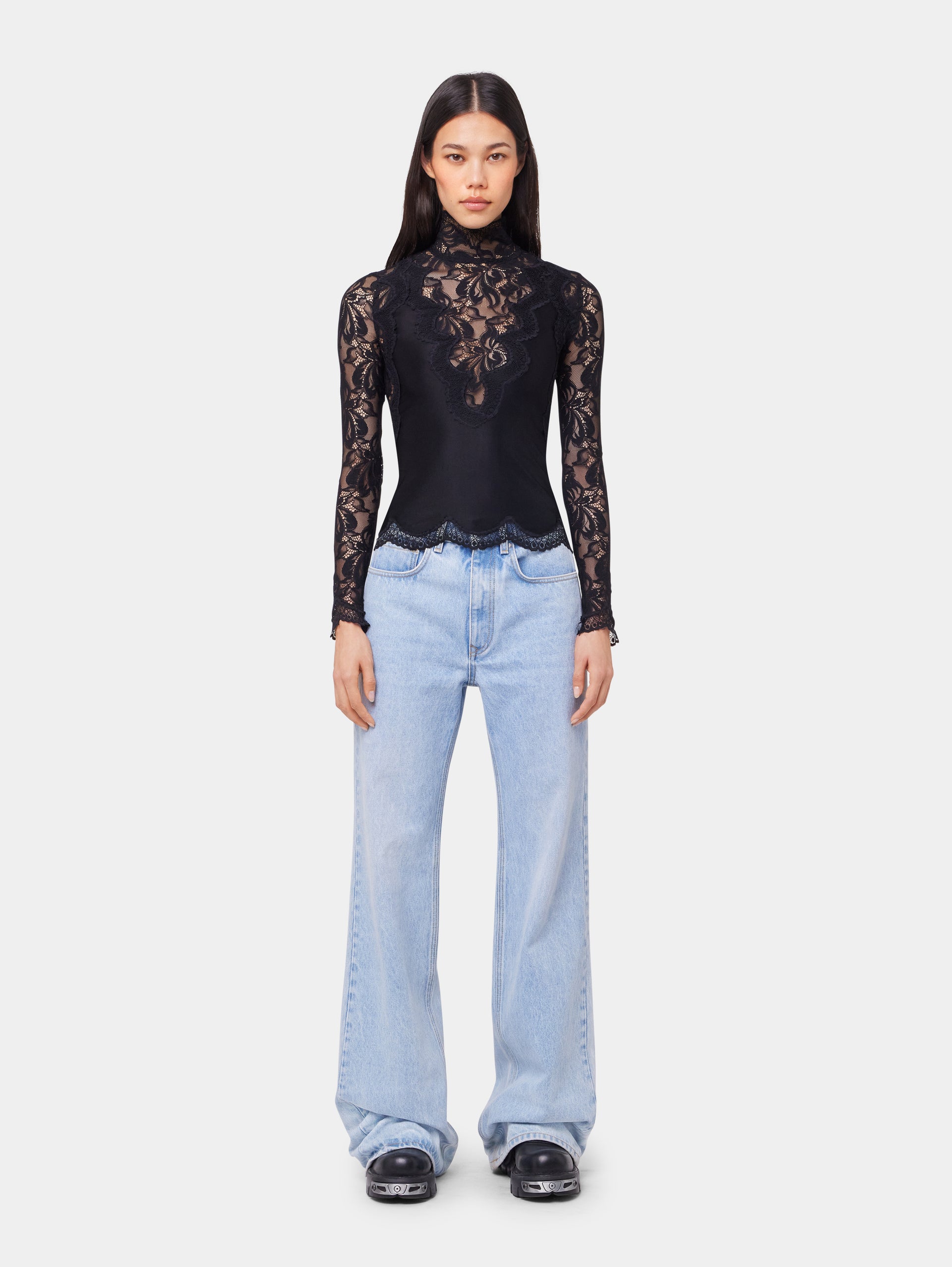 Black long sleeve top in lace and jersey position 4