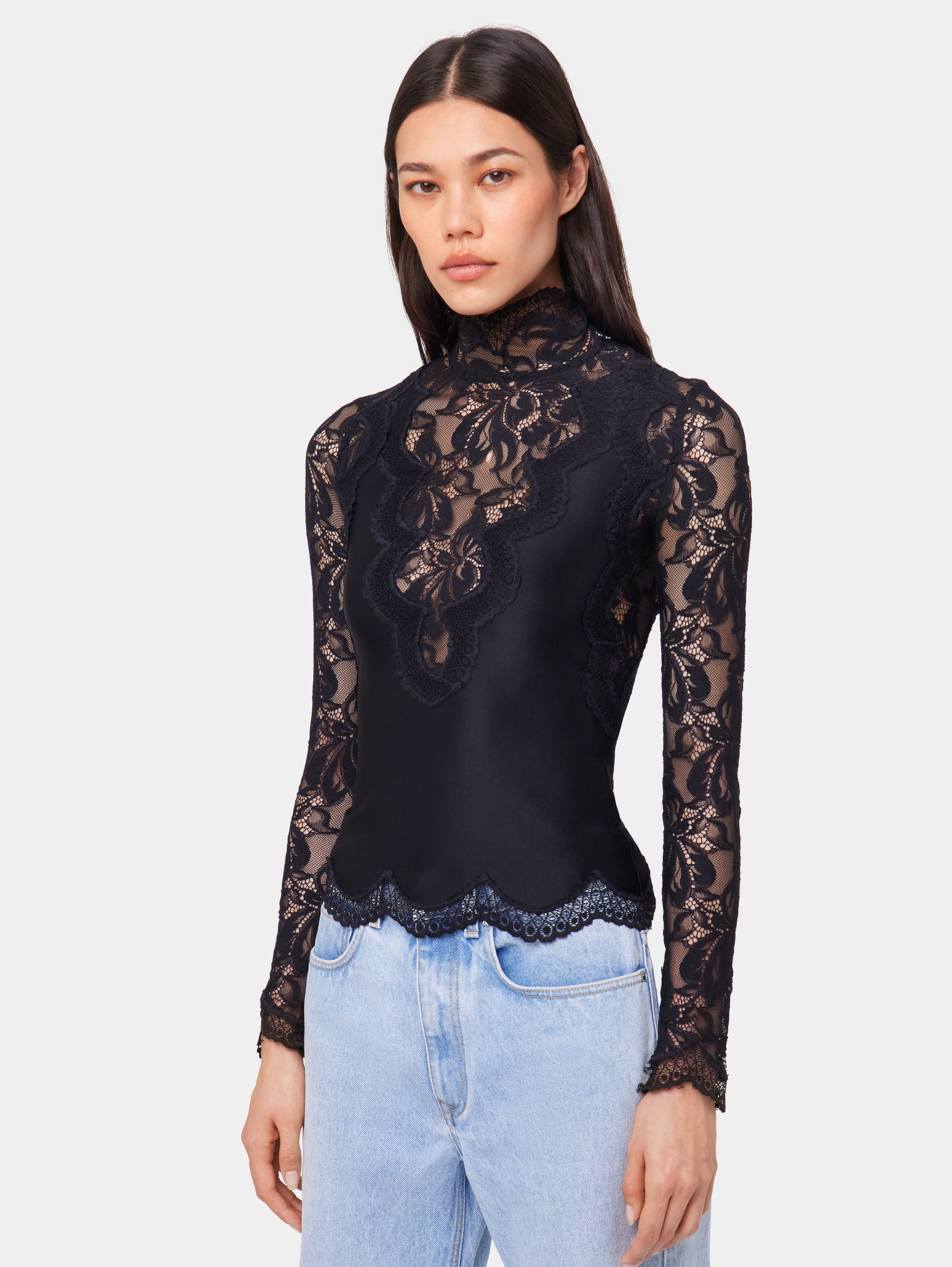 Black long sleeve top in lace and jersey – Rabanne
