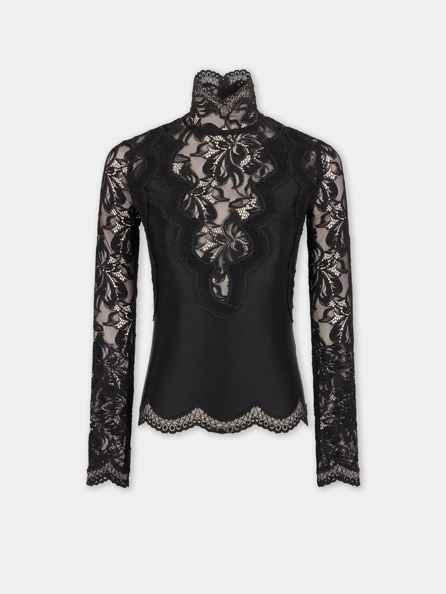 Black long sleeve top in lace and jersey position 1