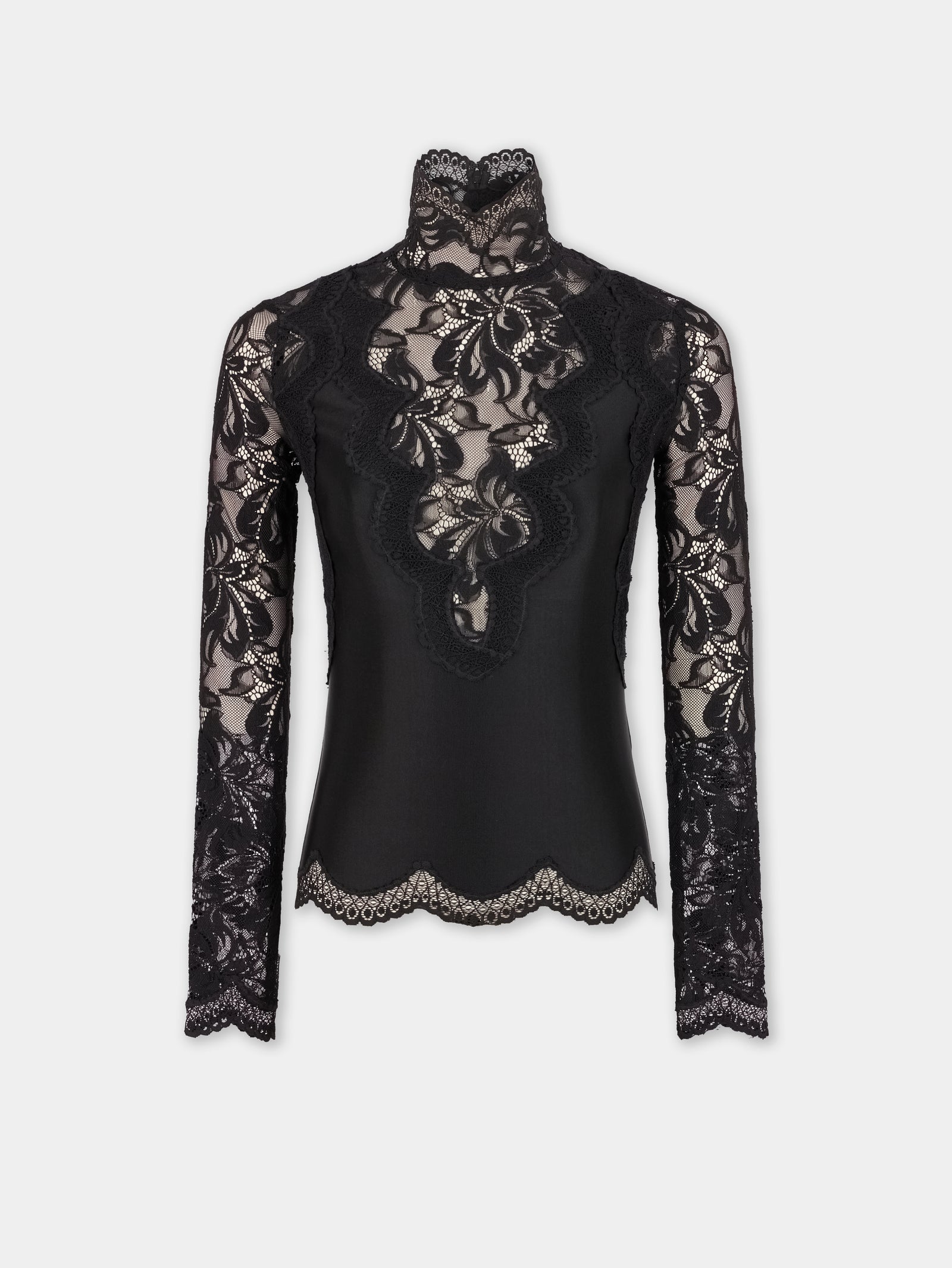 Black long sleeve top in lace and jersey position 1 - Image 1