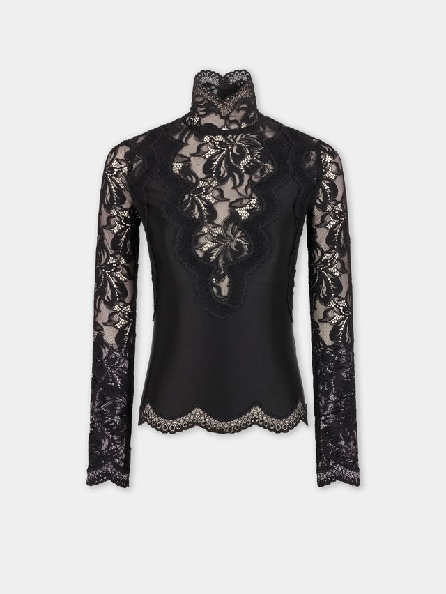 BLACK LONG SLEEVE TOP IN LACE AND JERSEY