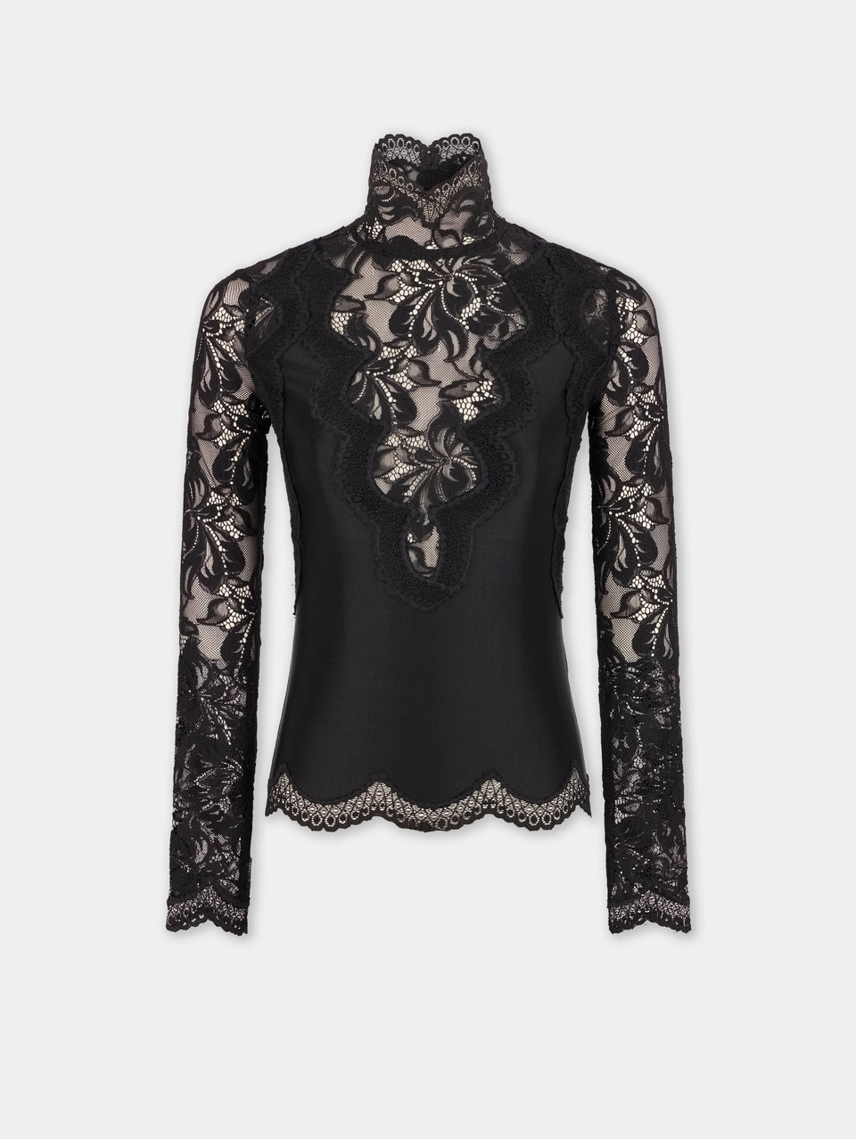 BLACK LONG SLEEVE TOP IN LACE AND JERSEY