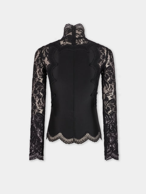 BLACK LONG SLEEVE TOP IN LACE AND JERSEY