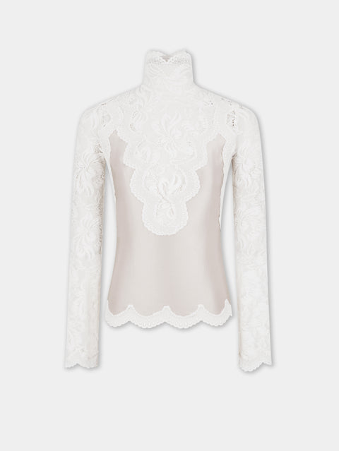 IVORY LONG SLEEVE TOP IN LACE AND JERSEY