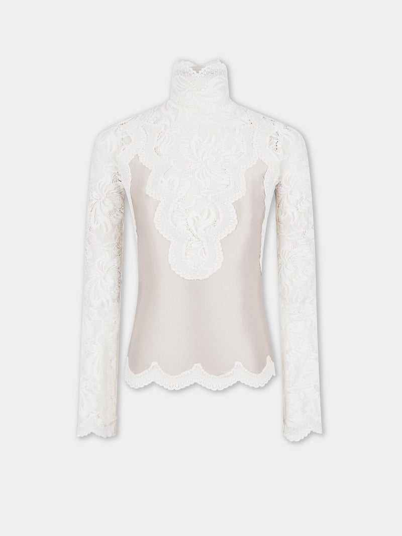 IVORY LONG SLEEVE TOP IN LACE AND JERSEY