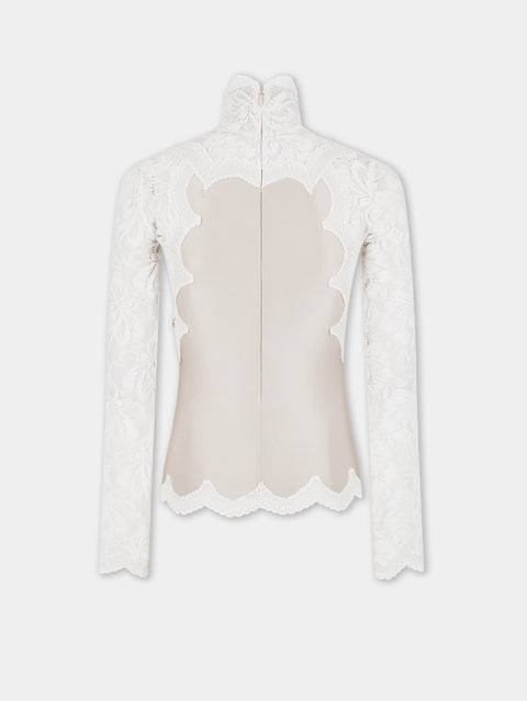 IVORY LONG SLEEVE TOP IN LACE AND JERSEY