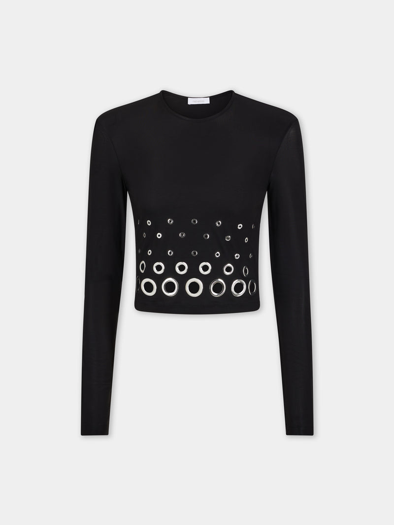 BLACK LONG SLEEVED CROP TOP IN JERSEY SECOND SKIN