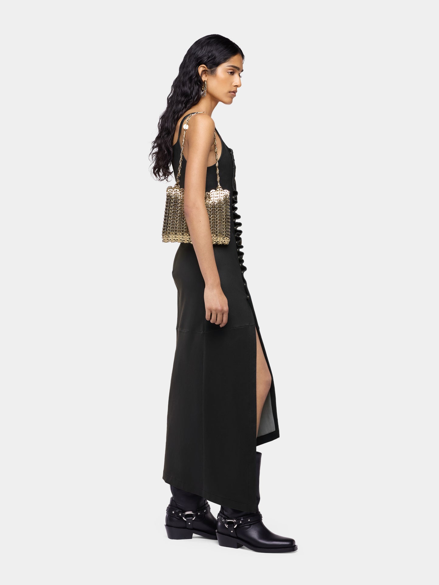Robe midi drapée en cuir à pressions