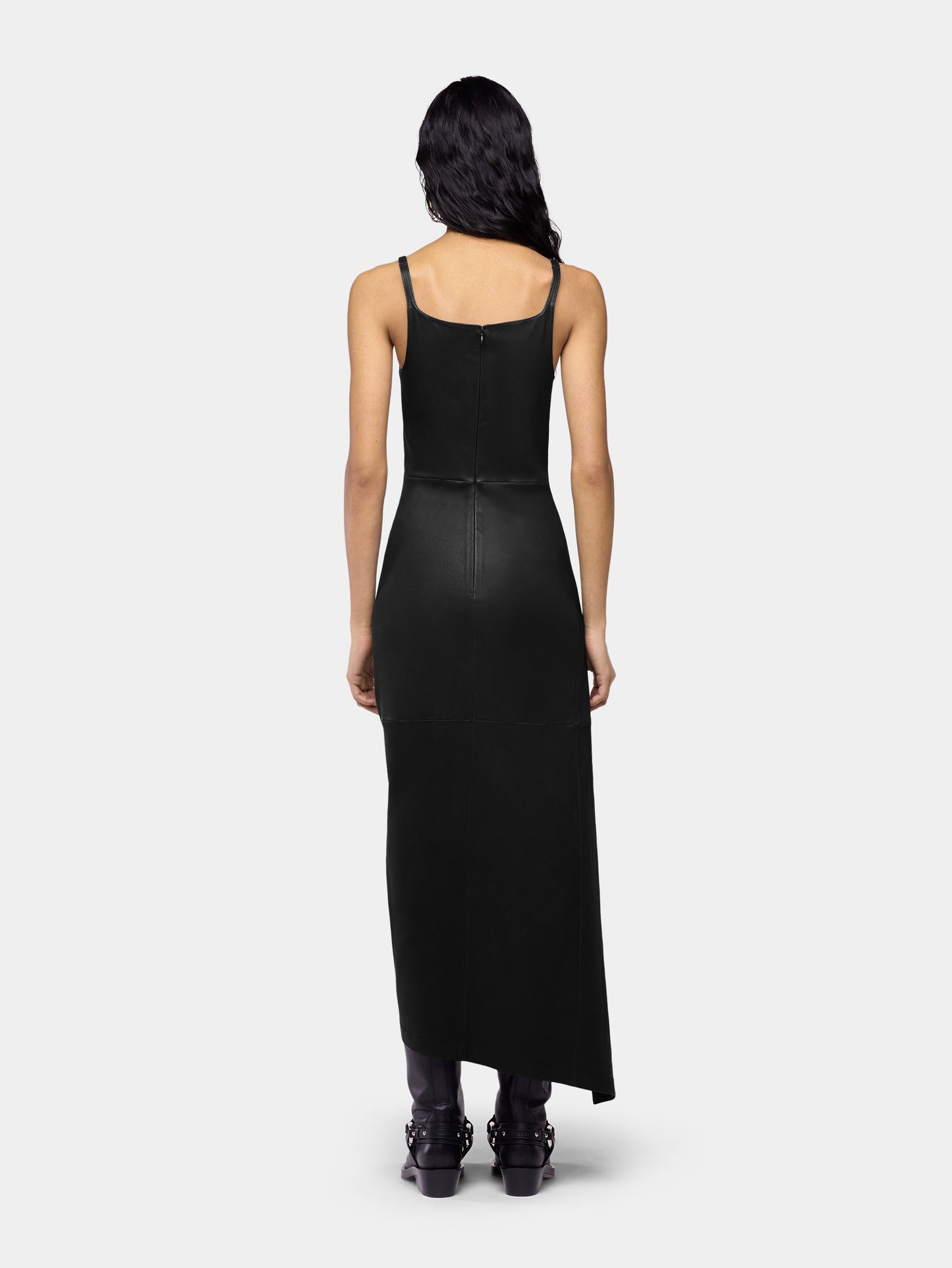 Robe midi drapée en cuir à pressions
