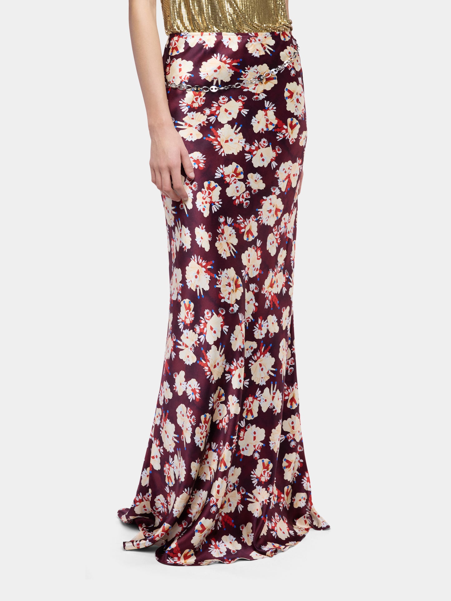 Jupe magenta à motif floral en satin de soie