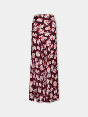 Jupe magenta à motif floral en satin de soie