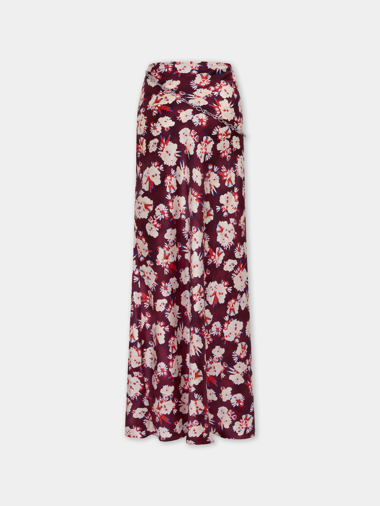 Jupe magenta à motif floral en satin de soie