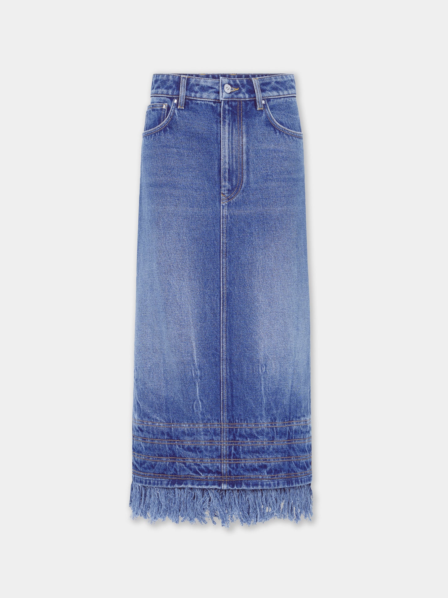 Jupe midi en denim délavé avec franges 