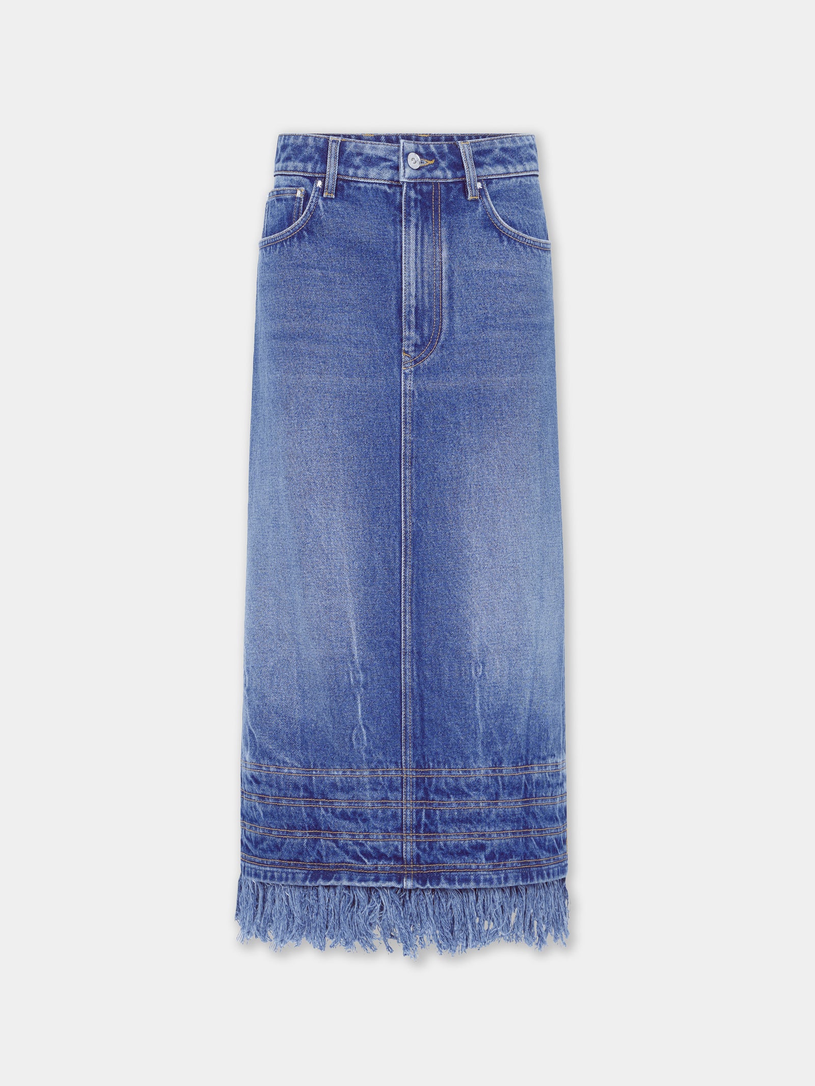 Midi skirt in washed denim with fringes - Image 1
