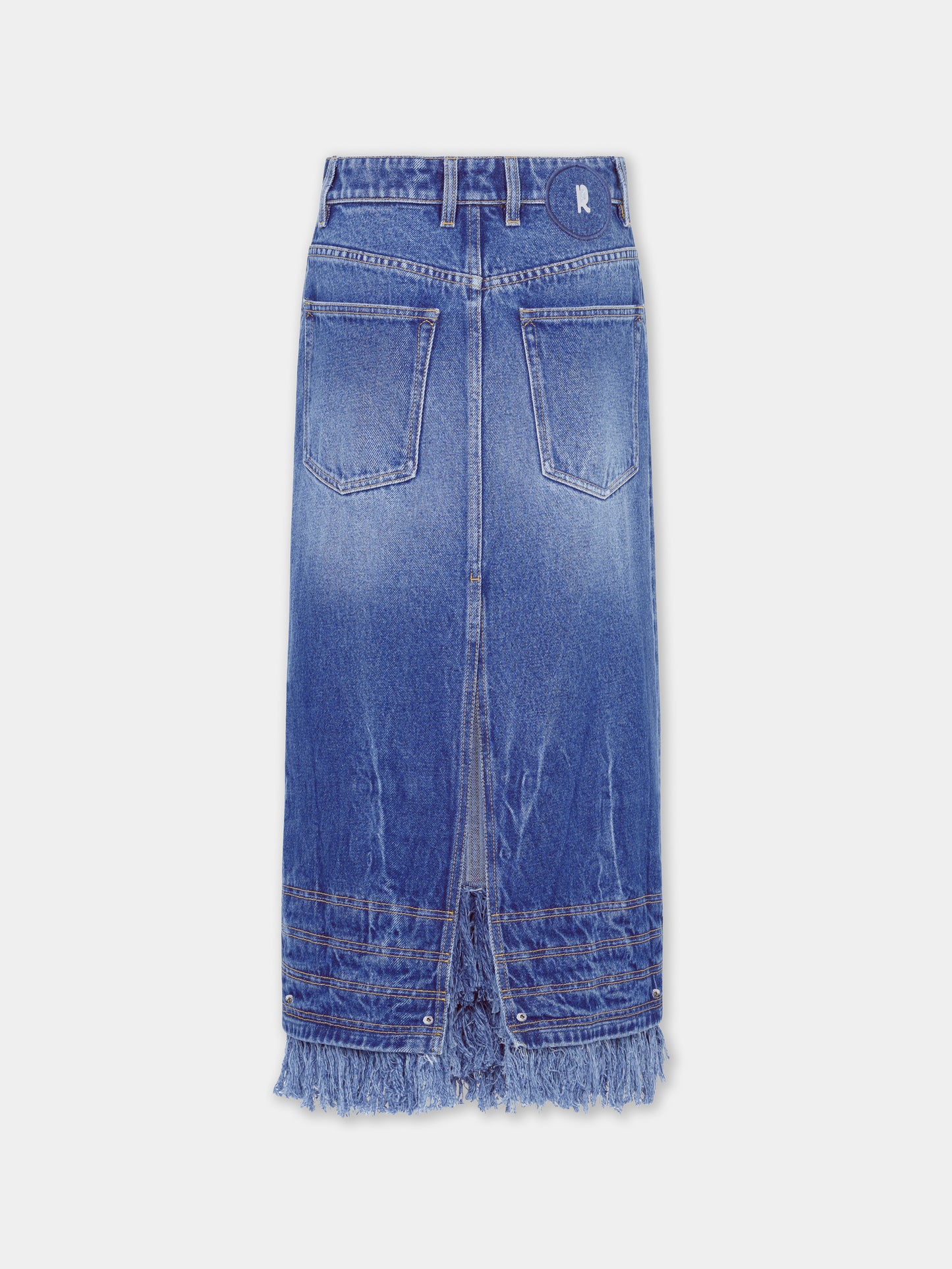 Jupe midi en denim délavé avec franges 