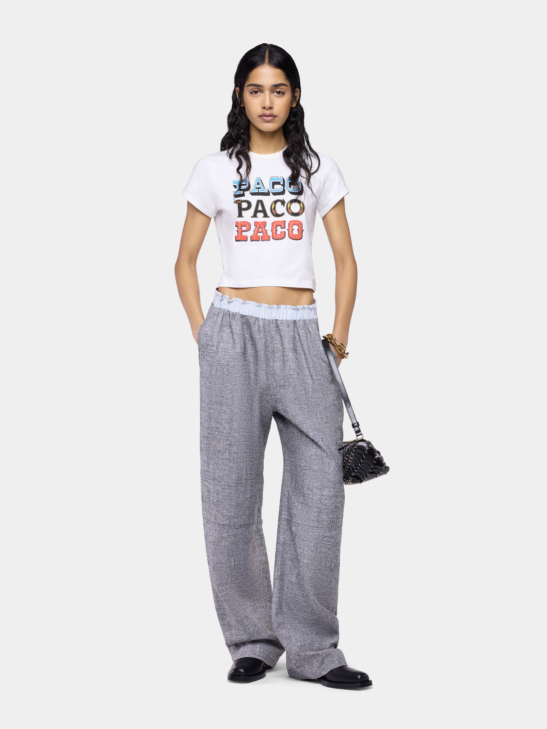 Pantalon droit tailleur en laine gris chiné 