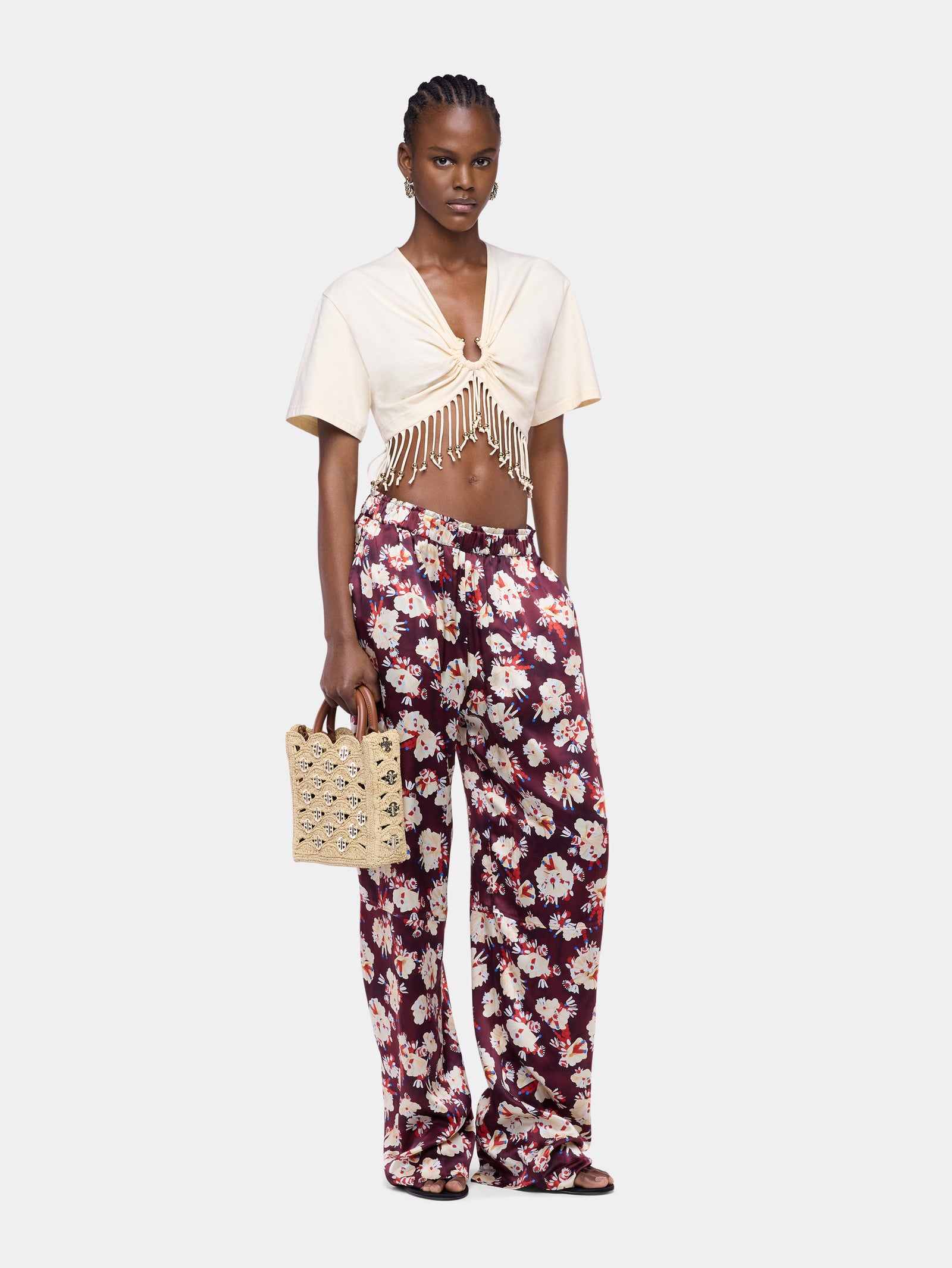 Pantalon droit magenta à motif floral en satin de soie - Image 2