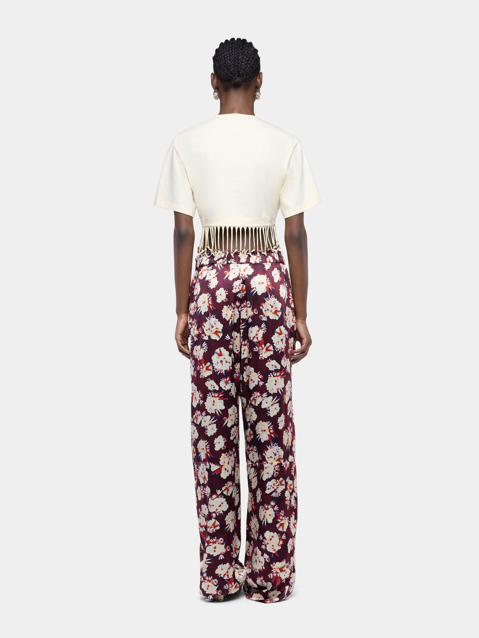 Pantalon droit magenta à motif floral en satin de soie - Image 3