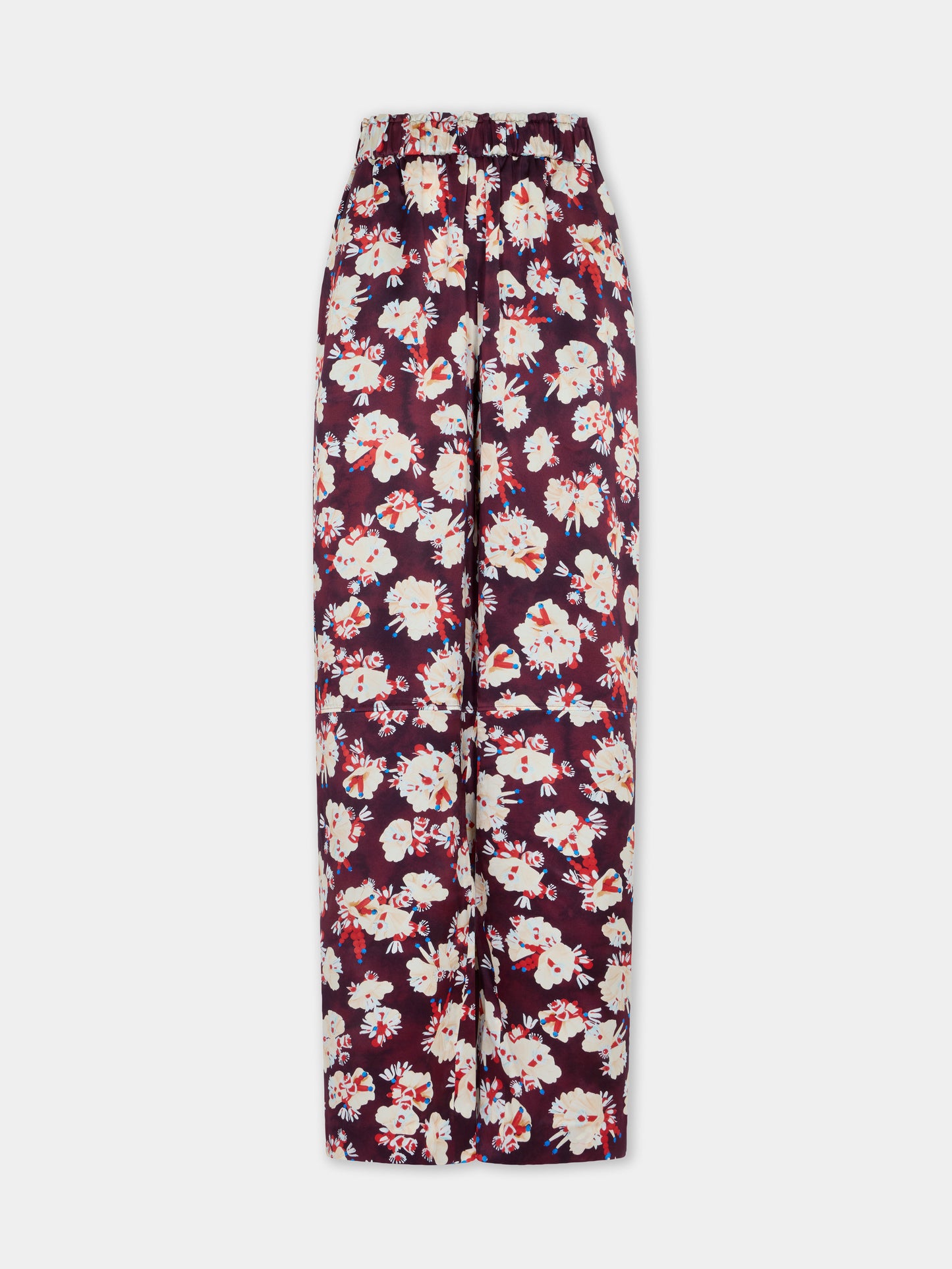 Pantalon droit magenta à motif floral en satin de soie