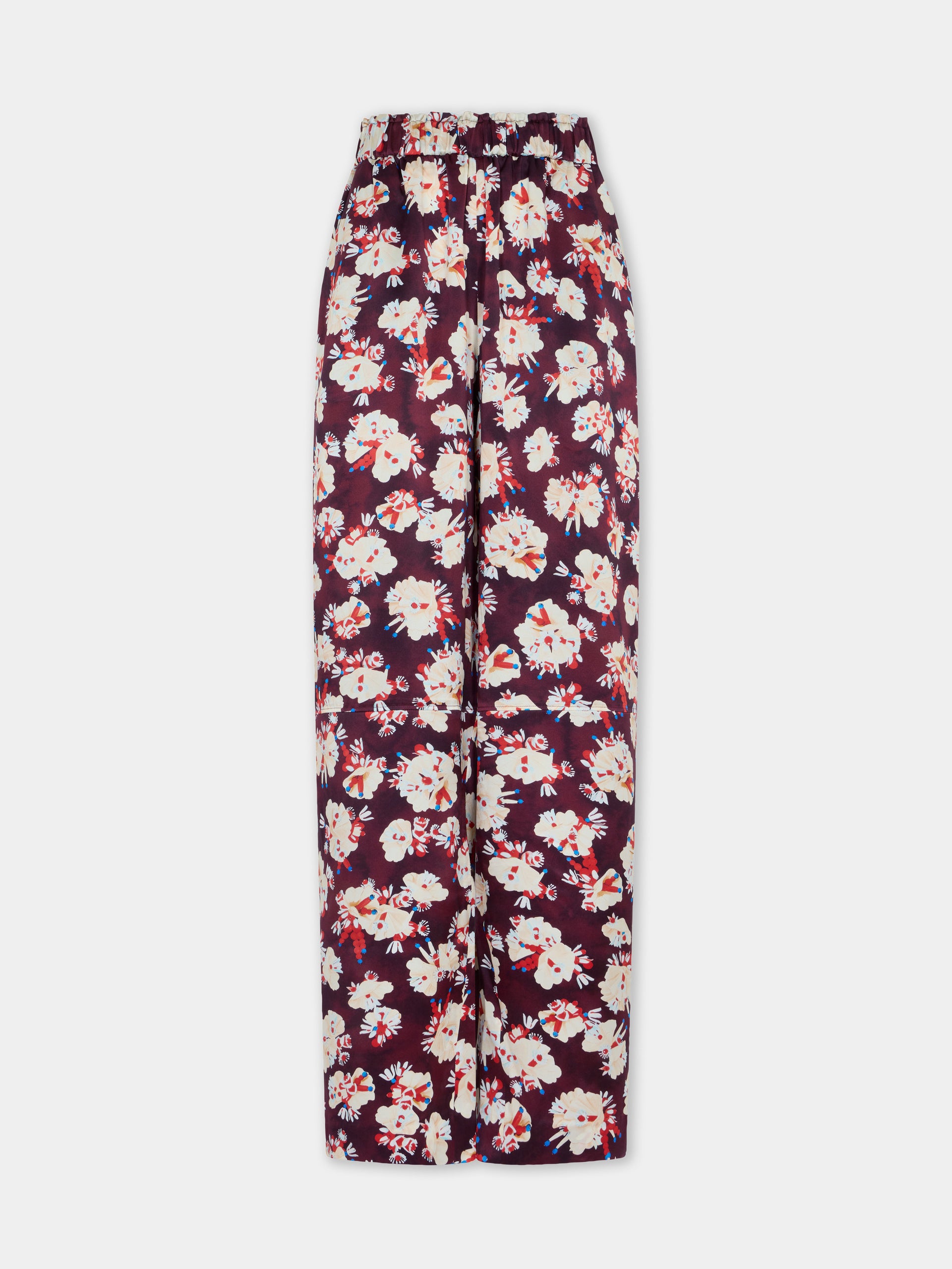 Pantalon droit magenta à motif floral en satin de soie