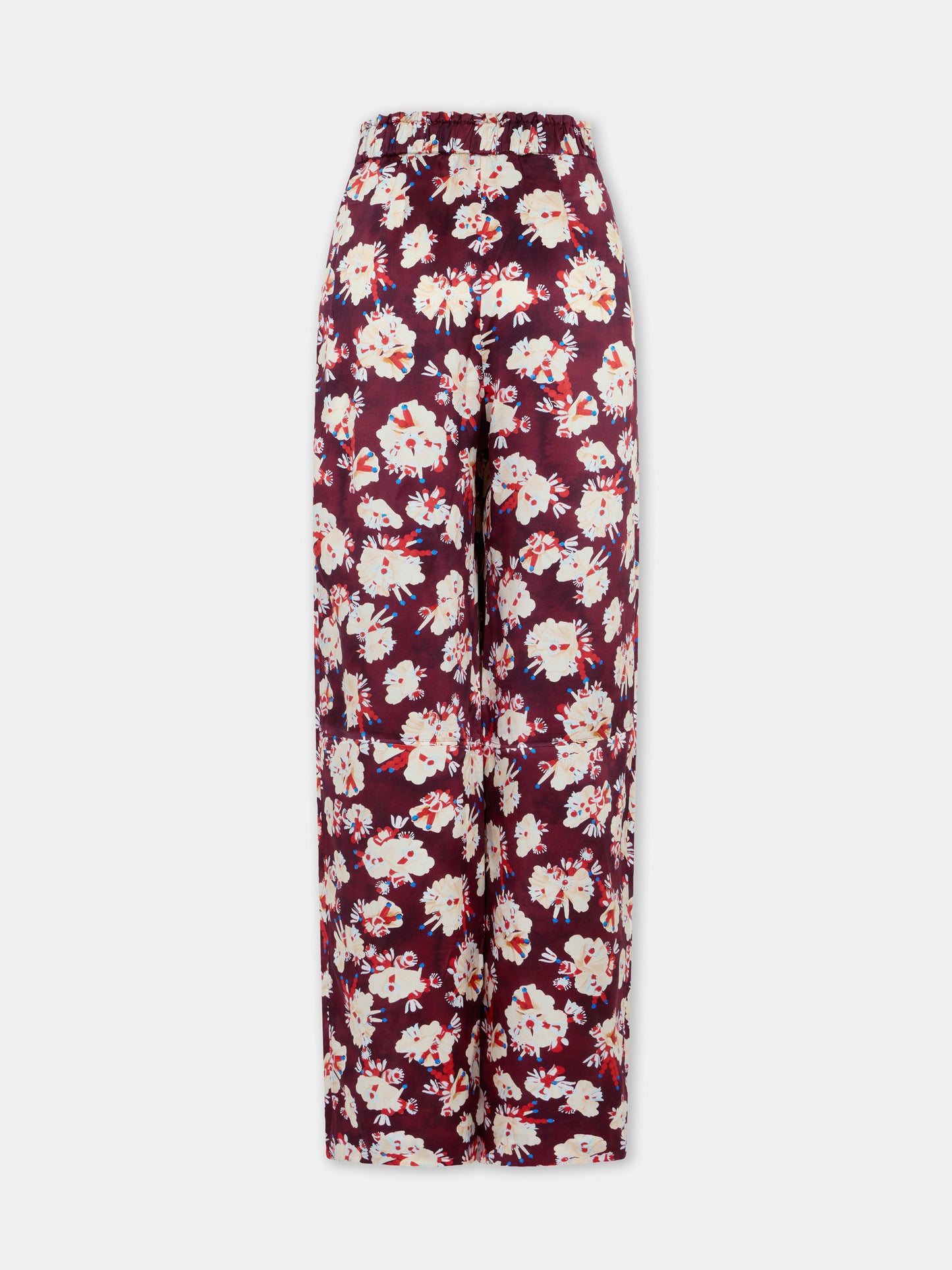 Pantalon droit magenta à motif floral en satin de soie